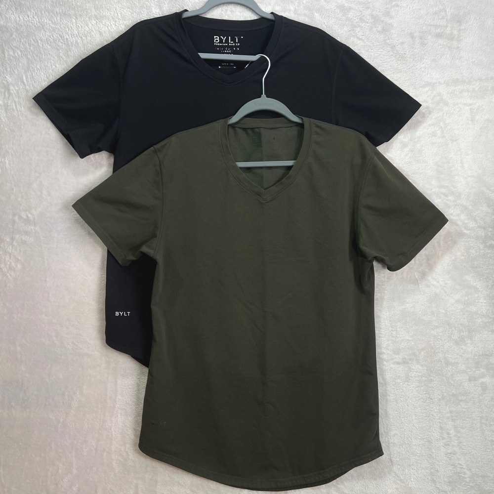 BYLT Drop-Cut V-Neck Shirt Mens Medium Black/Olive Green Stretch Lot of 2‎